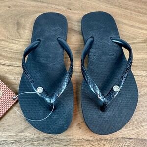 New Little Kids Childrens Havaianas Black Bejeweled Sandals Flip Flops 13/1 C/Y